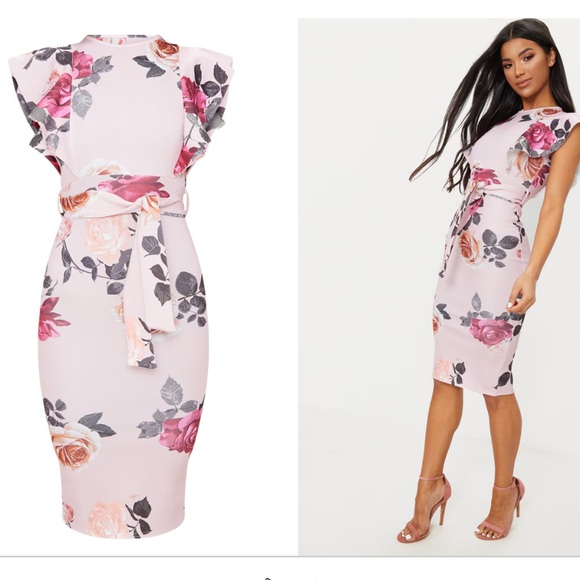 Floral Print Ruffle Detail Midi Dress Romantic Flowers Dusty Rose Pink Size 4 - Picture 4 of 16